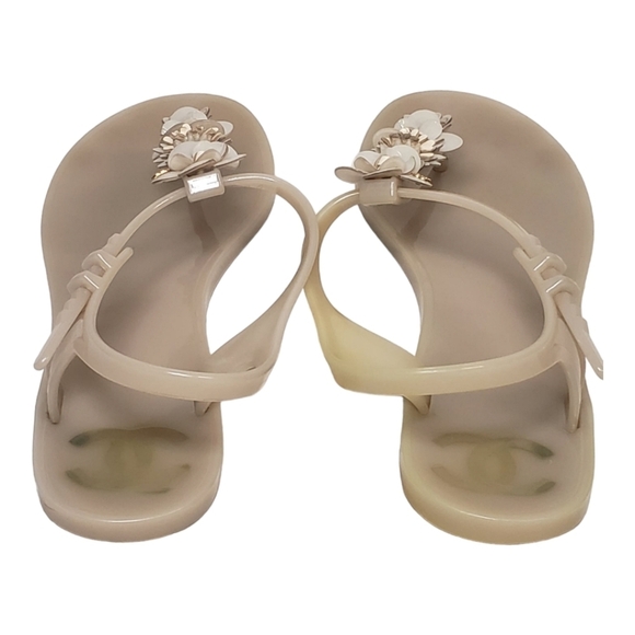 Chanel Camelia Rubber Flat Slingback Sandals SZ 36 Beige - Picture 4 of 16